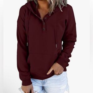 Gacaky NWT M burgundy Women's snap neck hooded kangaroo pocket Hooded sweatshirt